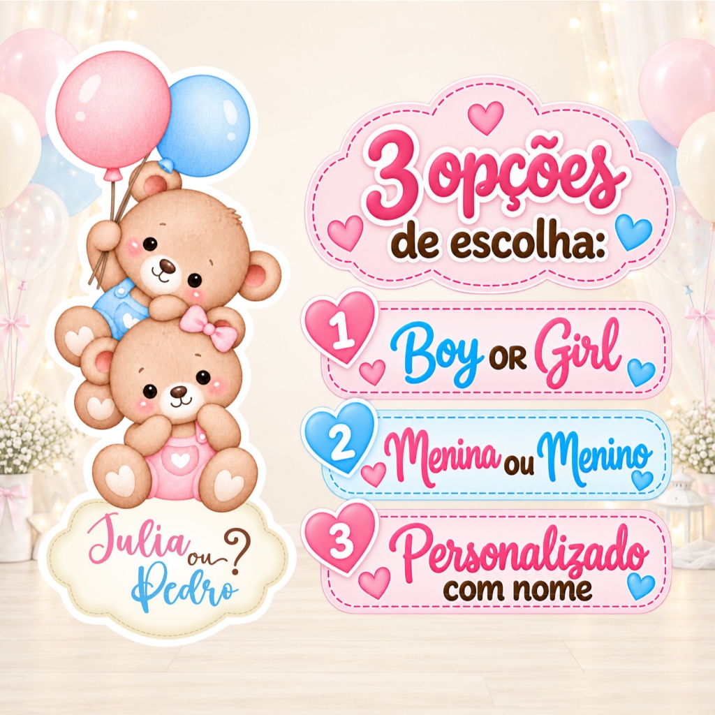 Aplique para Tubetes Personalizado Chá Revelação Ursinho e Ursinha com fita adesiva Lembrancinha