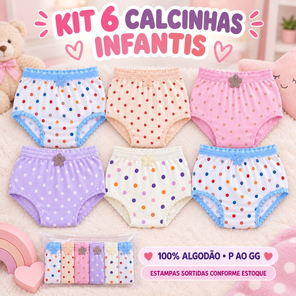 Kit 6 Calcinhas Infantis Kellynha 280 100% Algodão P ao GG  Estampas Sortidas