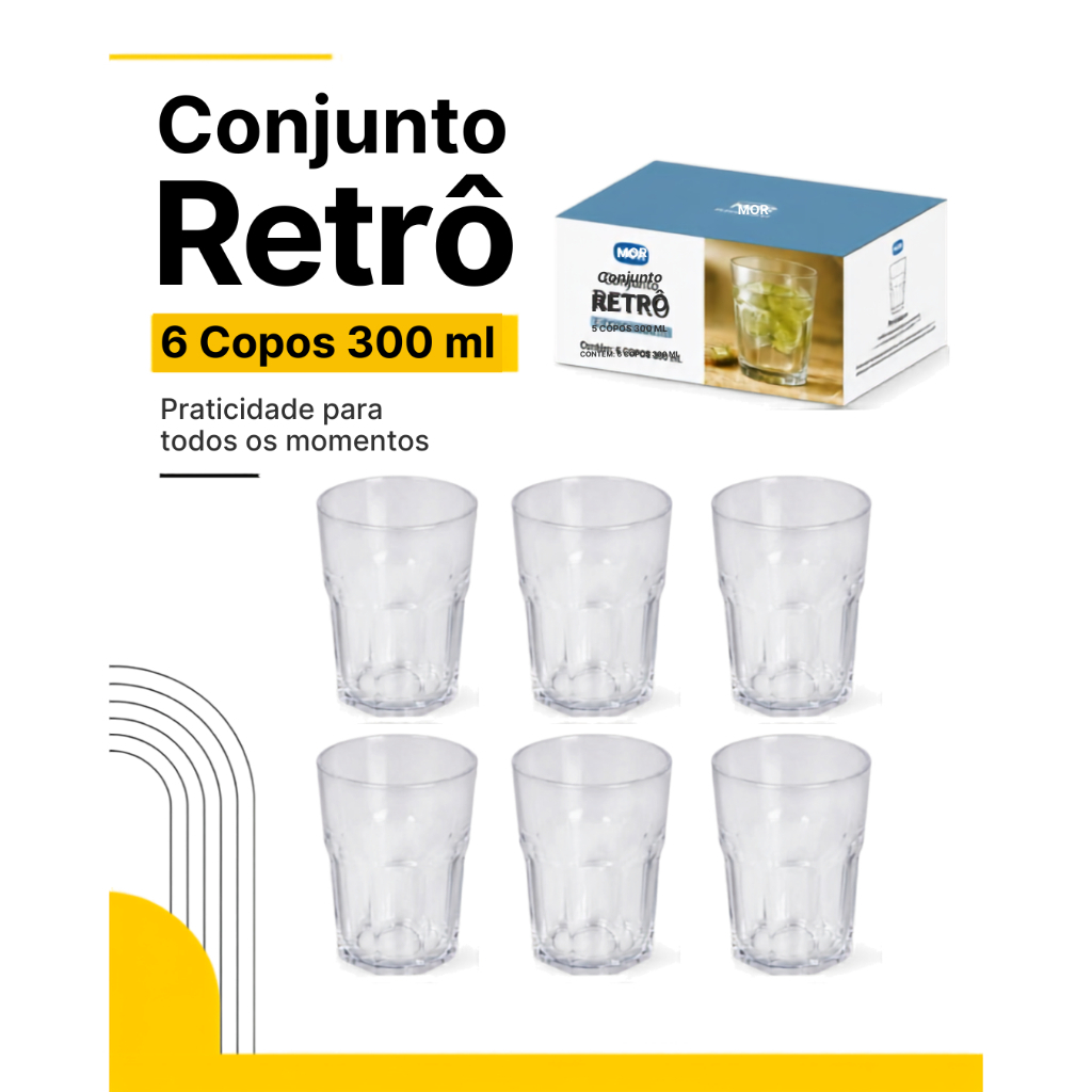 Jogo De Copo De Vidro Retro Com 6 Unidades 300ml Mor