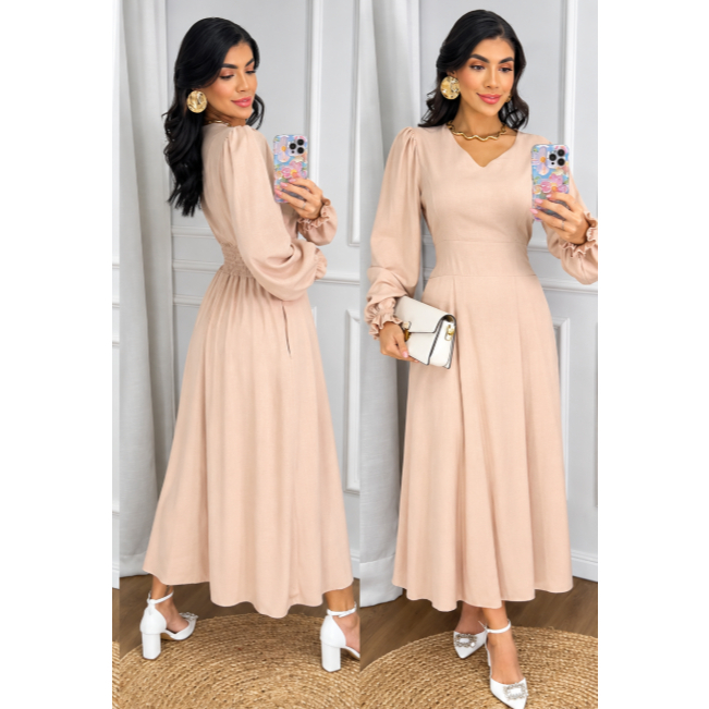Vestido Midi Feminino Liso Elegante – Manga Longa , Decote V, Casual e Confortável