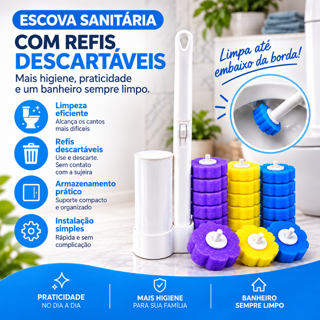 Escova Sanitária para Limpeza de Vaso com Refil Descartável com Suporte para Parede