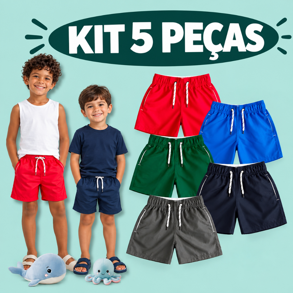 Kit 5 Short Bermuda Infantil Juvenil Tactel Menino Praia Com Bolso Elastano Premium 2 a 16 Anos