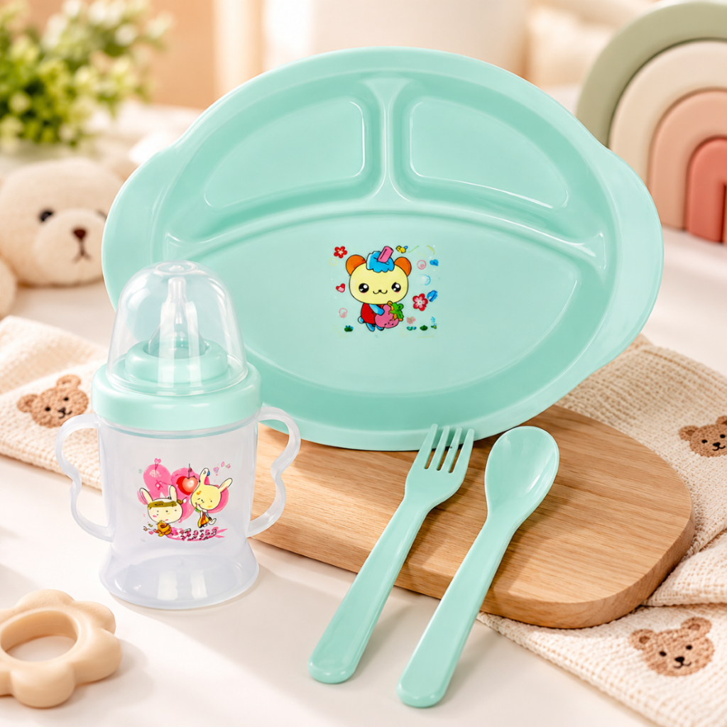 Kit 4 Peças Alimentação Bebê Azul Introdução Alimentar Refeição Garfo Colher Prato Copo