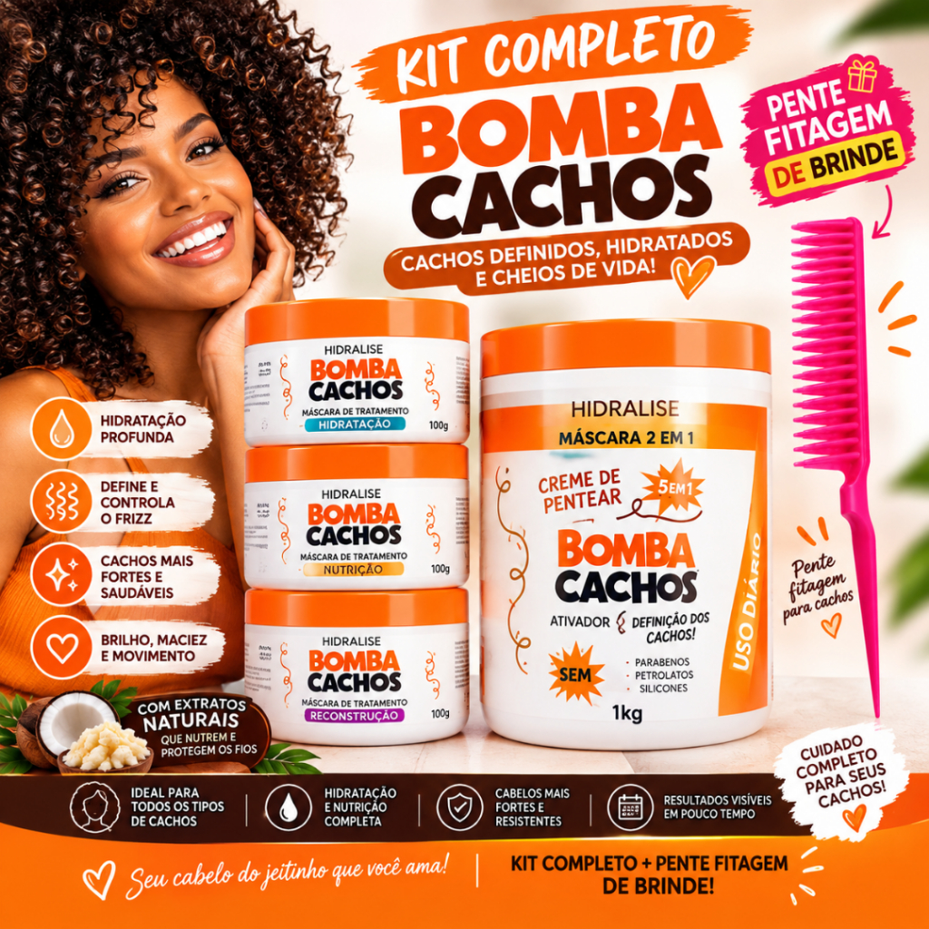 Combo Creme de Pentear Bomba Cachos 1kg + Cronograma Capilar Cachos Definidos crespos ondulado