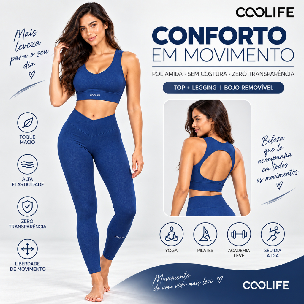 Conjunto Fitness Feminino Azul Marinho Top e Legging Poliamida Sem Costura Zero Transparência Bojo Removível Yoga