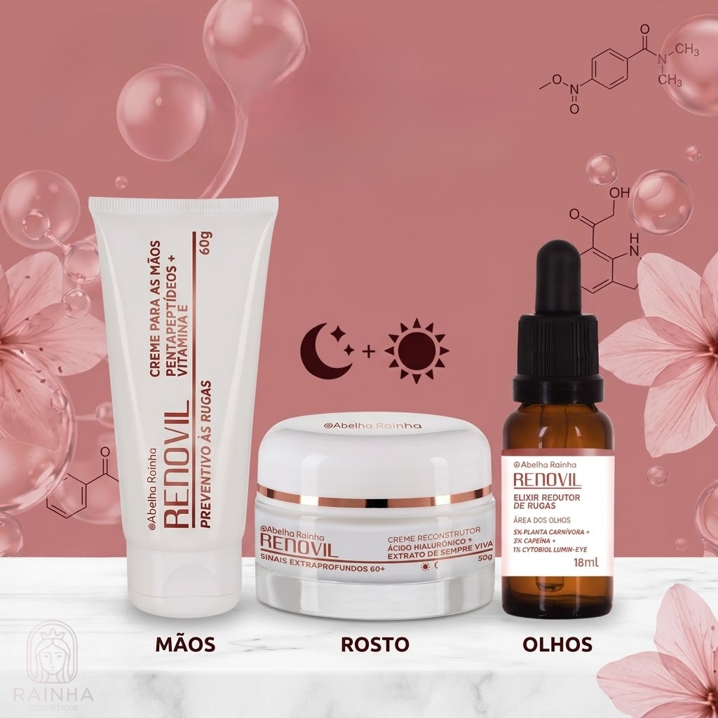 Kit Renovil Abelha Rainha Creme Rosto 60+ Serum Olhos Creme Maos Anti Sinais Rugas Acido Hialuronico