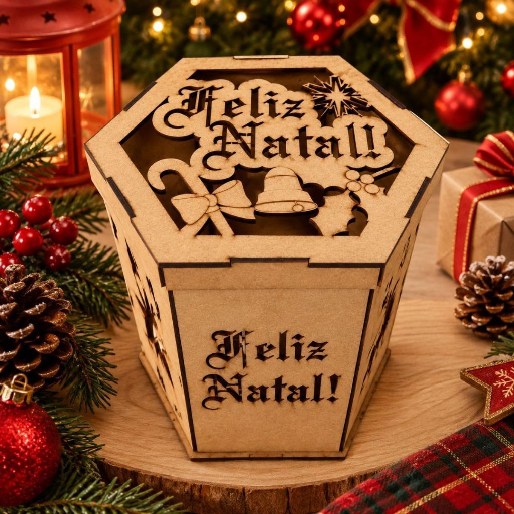 Porta Panetone Sextavado Feliz Natal Em Mdf  Cru