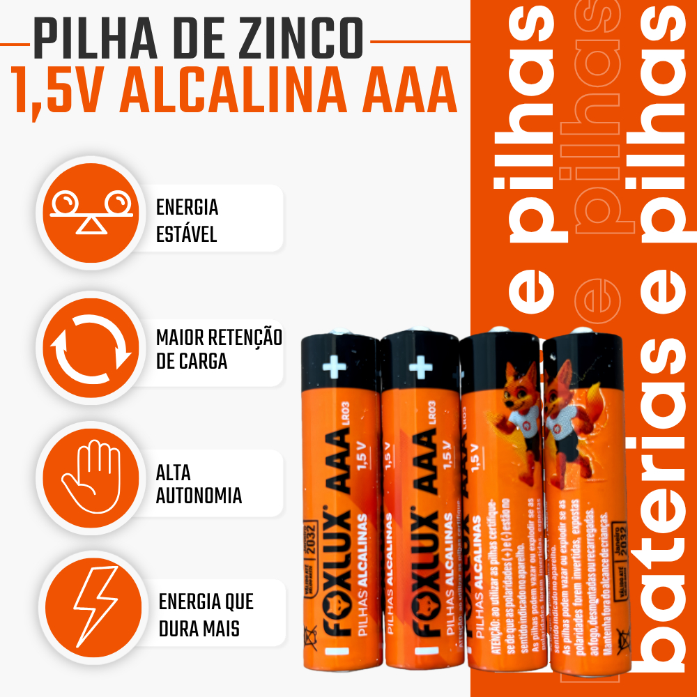Pilha Alcalina AAA Palito Foxlux 1,5V LR03 Kit com 4