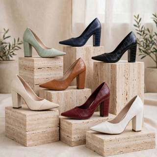 Sapato Scarpin Feminino Salto Grosso Bloco 9cm Bico Fino Croco Bordo Preto Bege Off White Caramelo Confortavel Festa