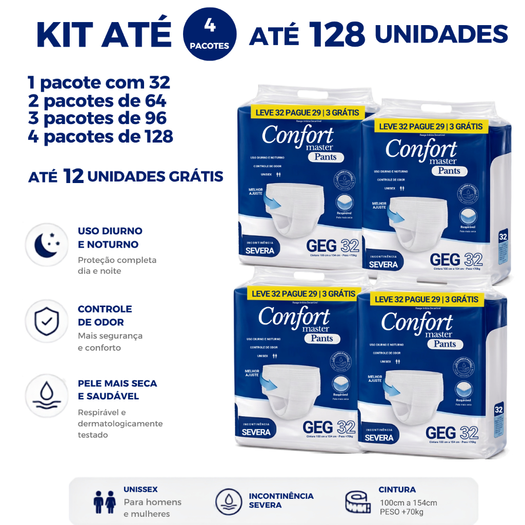 Kit até 4 Fralda Calça Geriátrica Confort Master G/EG | 32, 64, 96 ou 128 Unidades | Leve + Pague -