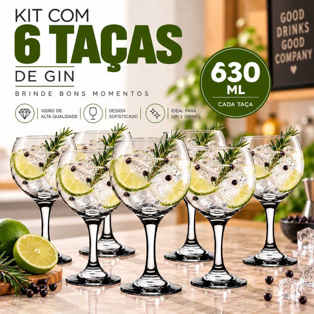 Jogo Copos Taças Kit Com 6 Taças 630 Ml Taças Para Gin De Vidro Resistente Moderno Kit 6 Taças Gin 630 Ml