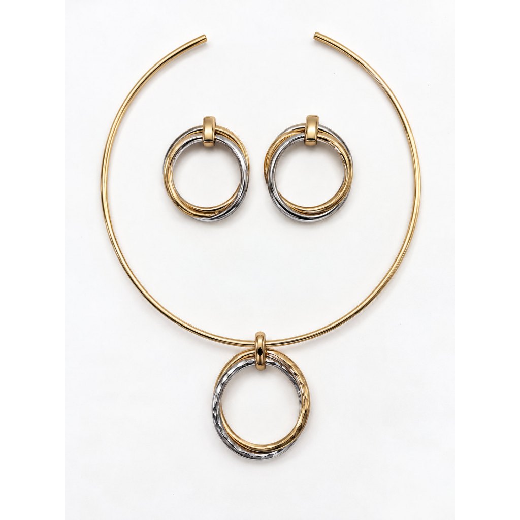 Conjunto Elo Dourado e Prateado com Colar Rígido e Brincos – Íris Bicolor