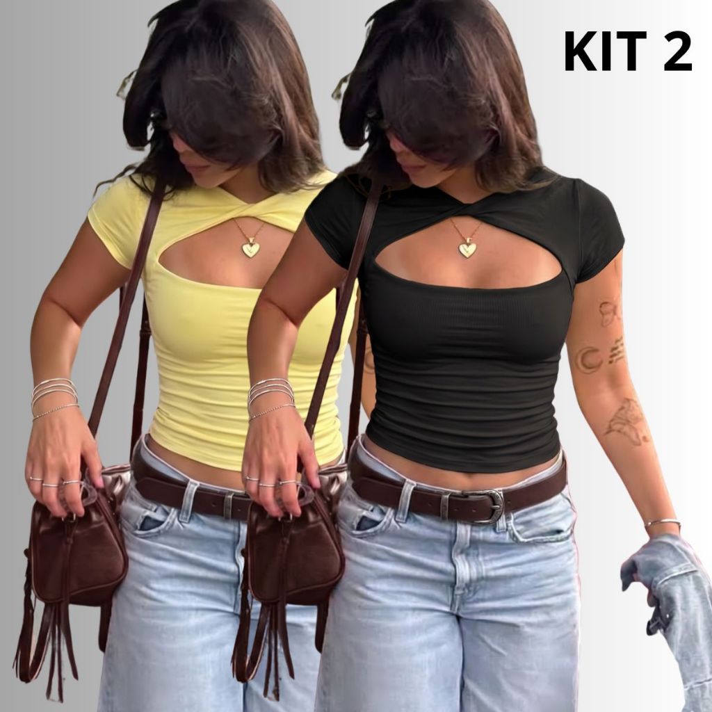 Blusa Feminina Estilo Slim Fit Manga Curta Blusinhas Academia da moda gringa Lançamento tendência preta verão kit Blusas