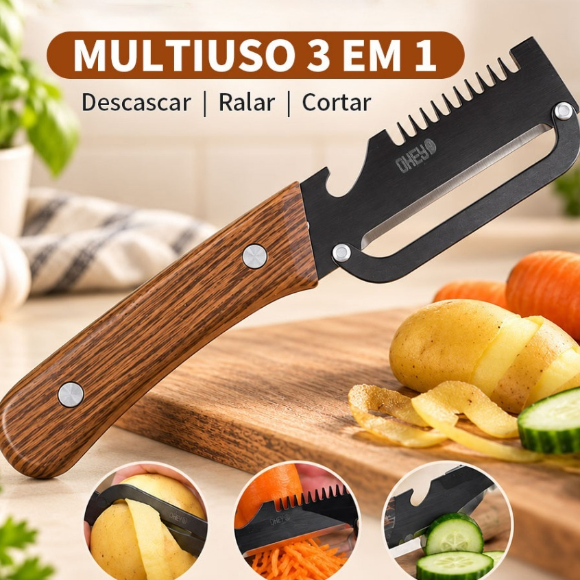Descascador Manual de Frutas e Legumes Faca de Cozinha Faca Inox 3 Em 1 Cabo Imitação de Madeira