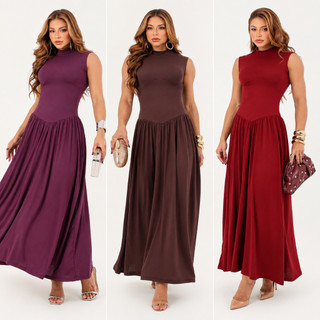 Vestido Longo Feminino Gola Alta Cintura Marcada Elegante Suede Confortável Casual Elegante