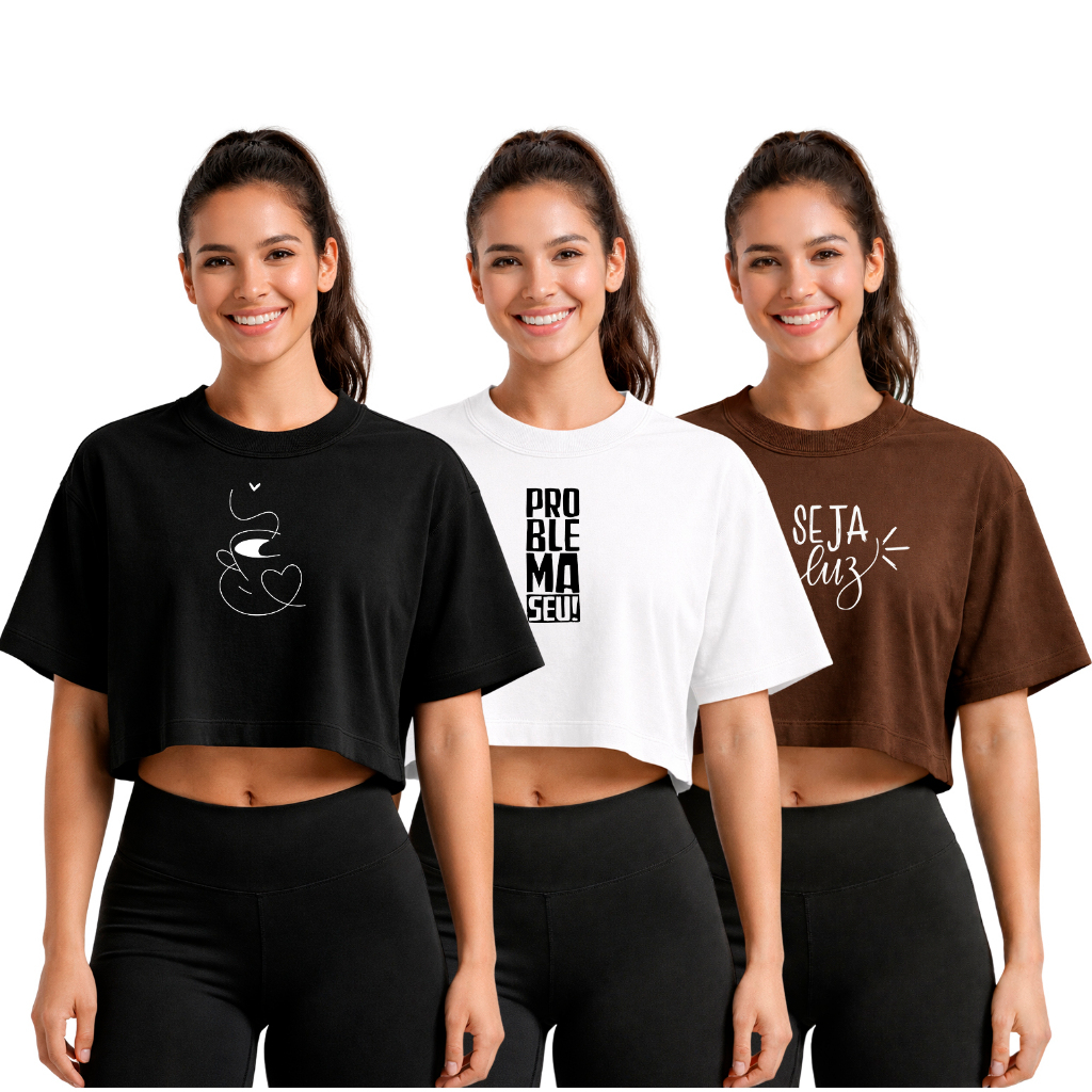 Kit 3 Cropped Oversized Feminina 100% Algodão Look Estiloso Confortável Casual Moda
