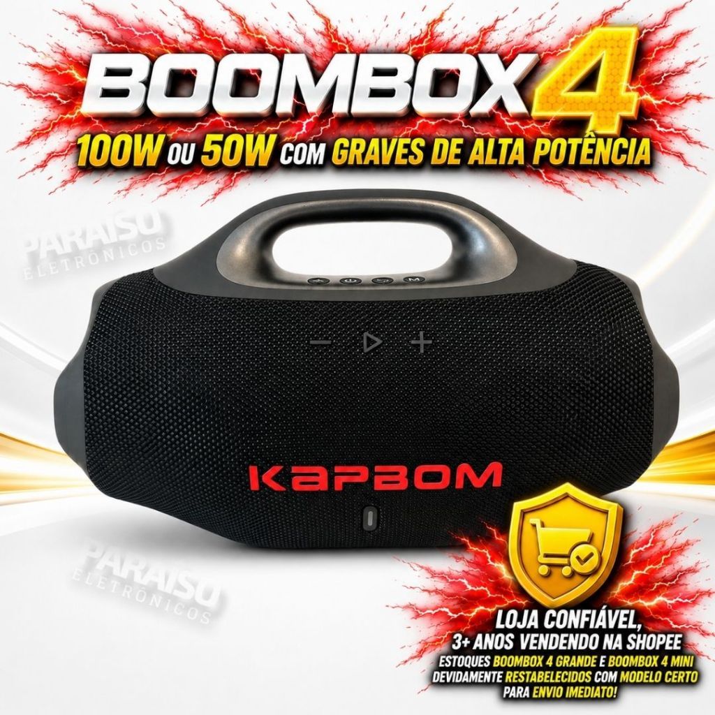 Caixa de Som BOOMBOX 4 de 100W / 50W Premium POTENTE Bluetooth Rádio FM TWS Prova D'Água LANÇAMENTO