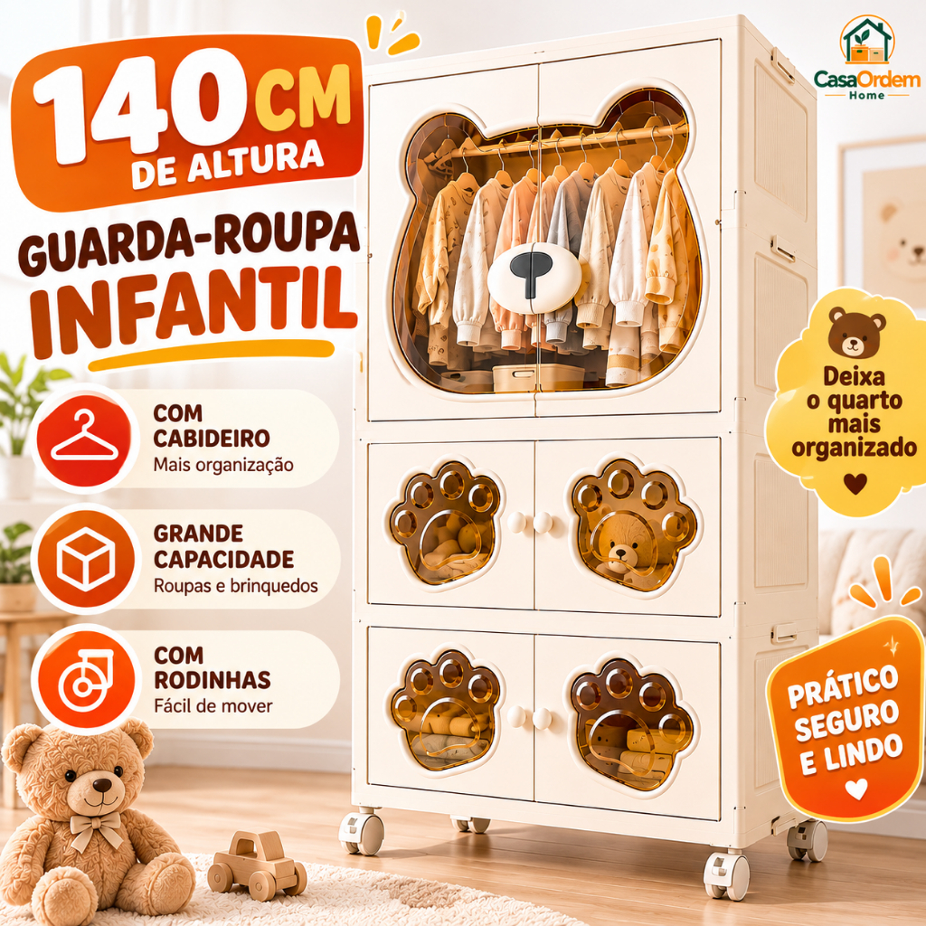 Armário Infantil Bebê Grande Capacidade 80cm Guarda Roupa Criança Sem Montagem com Rodinhas Porta Magnética Organizador