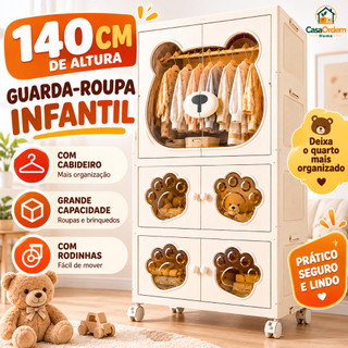 Armário Infantil Bebê Grande Capacidade 80cm Guarda Roupa Criança Sem Montagem com Rodinhas Porta Magnética Organizador