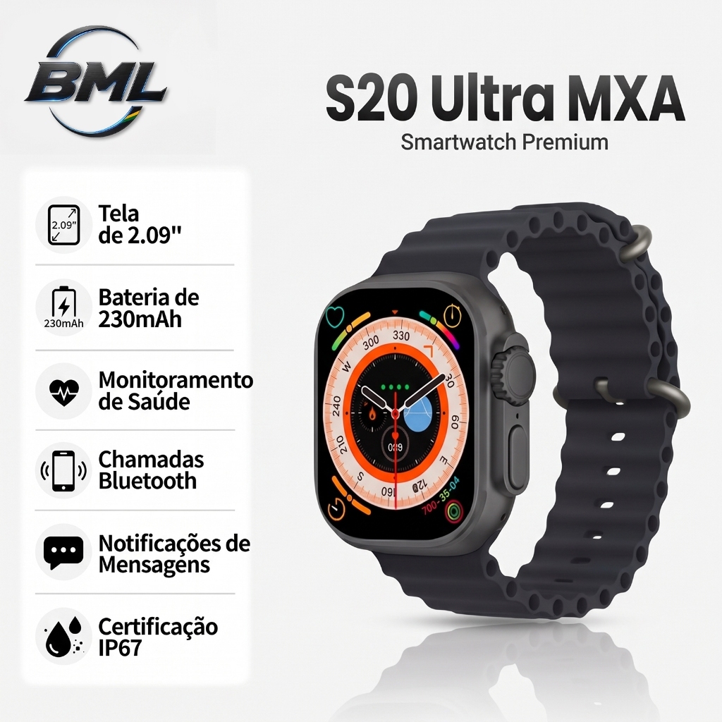 BML Smartwatch S20 Ultra MAX Relógio Inteligente GPS Bluetooth Monitor de Saúde 120 Modos Esportivos