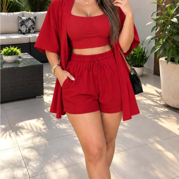 Conjunto Kimono Femenino Liso 2 Peças Kimono + Short Con Bolsos