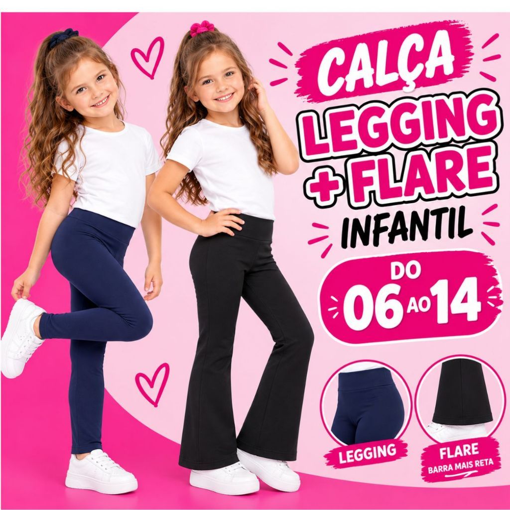 Kit Legging Flare Infantil Menina Calça Bailarina Infanto Juvenil Suplex 06 ao 14 - Kit 2 Calças