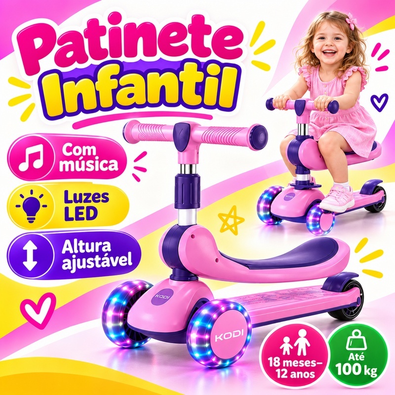 Patinete Infantil 3 em 1 com Música Dobrável 3 Rodas Luz LED Altura Ajustável Até 60kg-P15