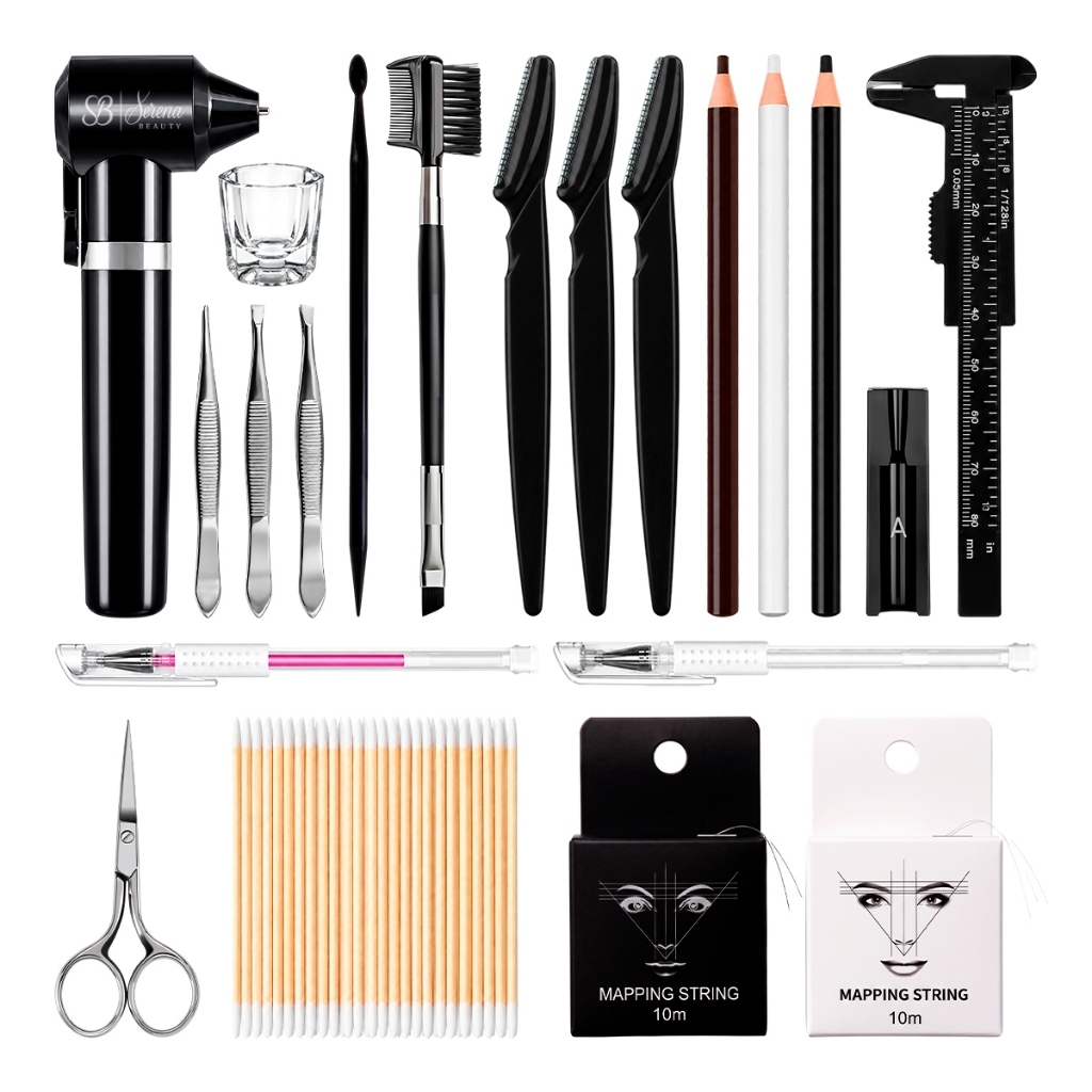 Kit Design de Sobrancelhas Profissional Navalha Pinça Tesoura Dappen Mixer Lápis Pincel Linha Palito Paquímetro Caneta