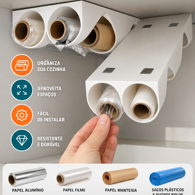 Suporte Duplo Rolos de Cozinha | Organizador para Papel Alumínio, Filme e Sacos em Armários