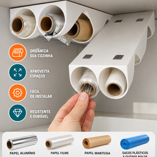 Suporte Duplo Rolos de Cozinha | Organizador para Papel Alumínio, Filme e Sacos em Armários