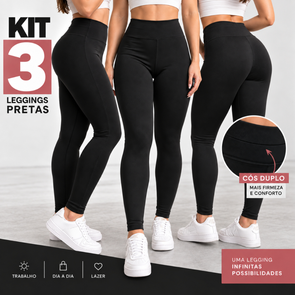 Legging Preta Kit 3 Grossa Sem Transparência Calça Feminina Trabalho Lazer Academia Suplex Cós Duplo Reforçada