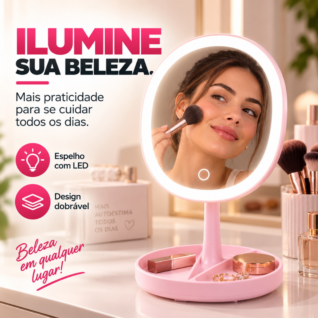Espelho de Maquiagem com LED Touch Recarregável USB Luz Ajustável de Mesa com Porta Objetos