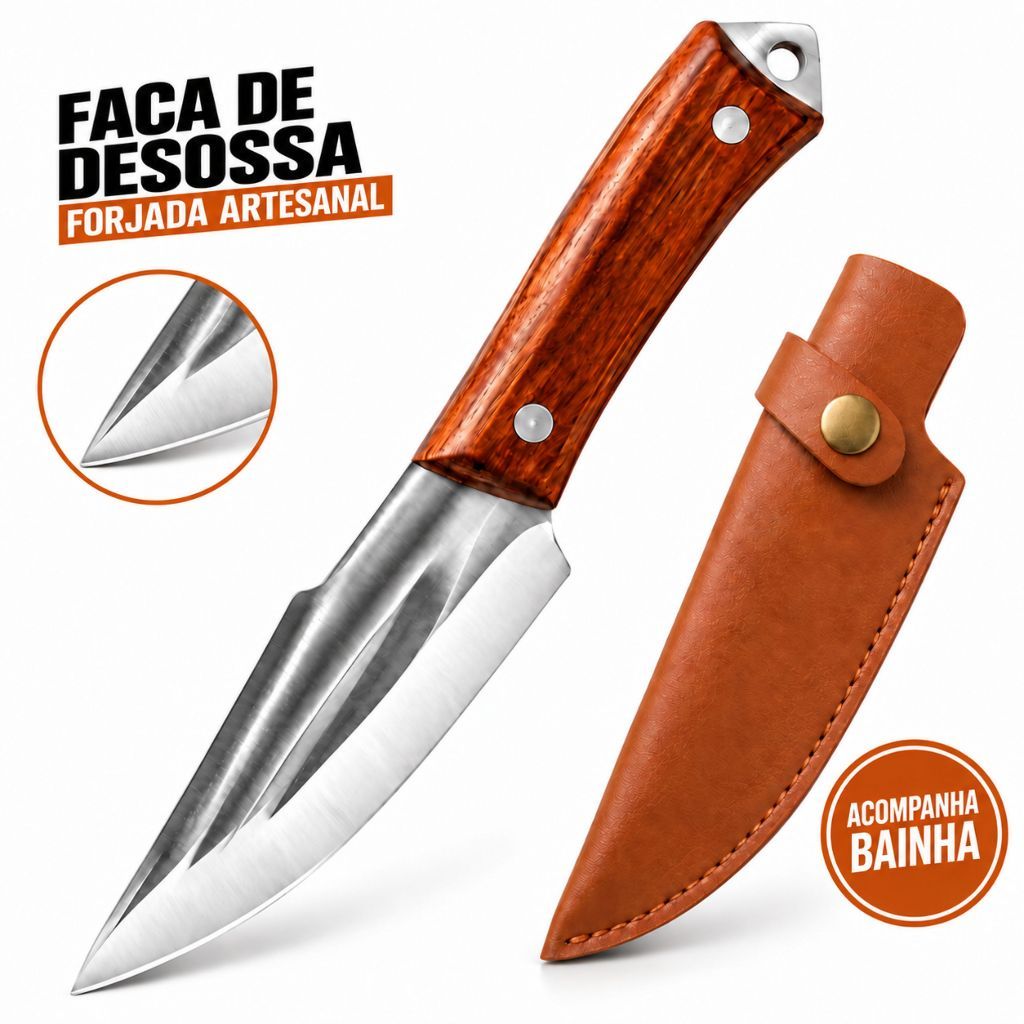 Faca de Desossa Profissional Forjada Artesanal com Bainha – Cutelo Rústico para Churrasco e Cozinha