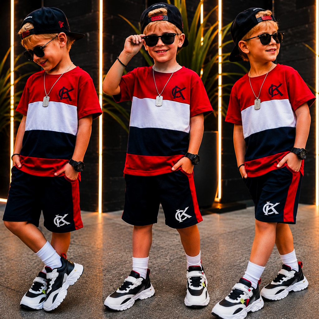 Conjunto Infantil Menino Juvenil Verão Estiloso Bermuda e Camiseta 100% algodão Veste Do 2 até 12 anos