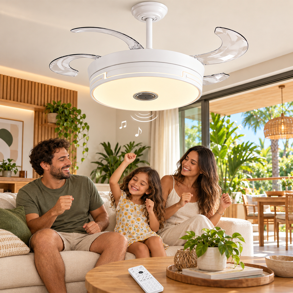 Ventilador de Teto Retrátil com Luminária LED 108cm Controle Remoto 3 Cores de Luz Bivolt Alto-Falante Integrado Branco