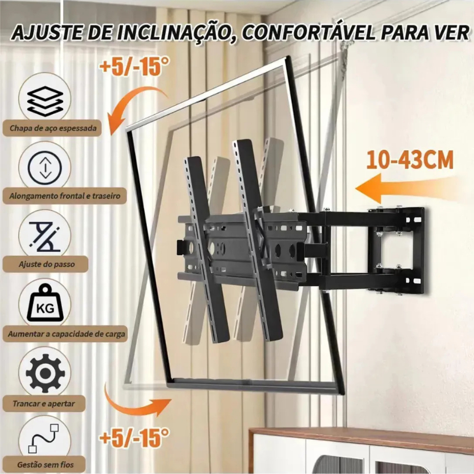 Suporte de Parede para TV Braço Duplo Articulado 32 a 80 Polegadas Full Motion Inclinação Rotação