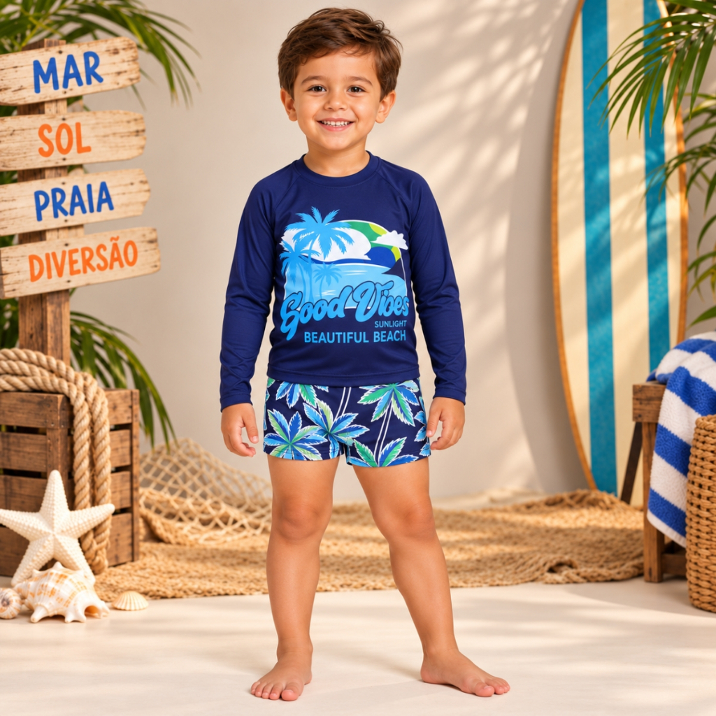 Conjunto Infantil Masculino Praia Piscina Proteção UV Blusa Manga Longa com Sunga Boxer Estampada Menino