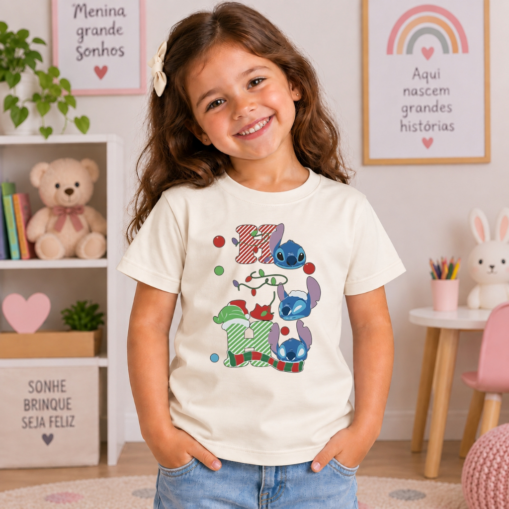 Camiseta Infantil Feminina Ho Ho Ho Stitch Estampada Leve Confortável Manga Curta