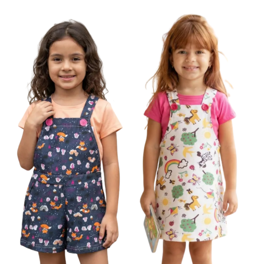 Kit com 2 Conjuntos Infantil Menina Salopete e Jardineira em Cotton estampada e Blusa em Algodão Confortável