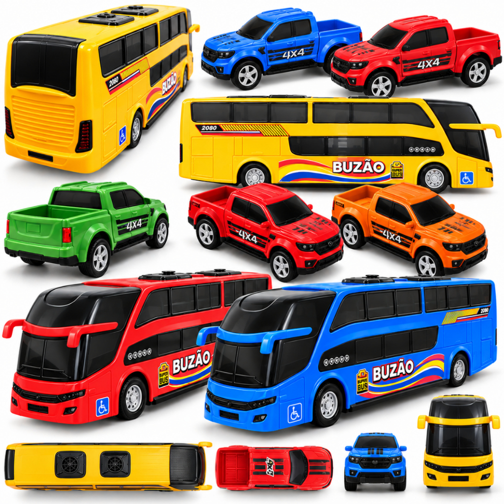 Kit Carrinhos de Brinquedos 3 Peças Onibus 2 Carrinhos Picape Brinquedo infantil Menino