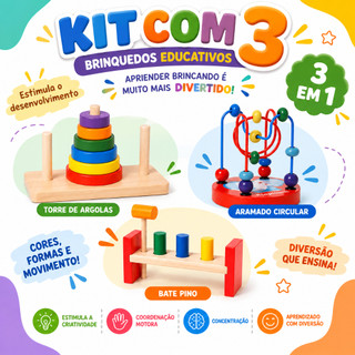 Kit 3 Brinquedo Bancadinha Com Martelo E Pinos +Torre De Hanói+ Aramado  Educativo E Pedagógico