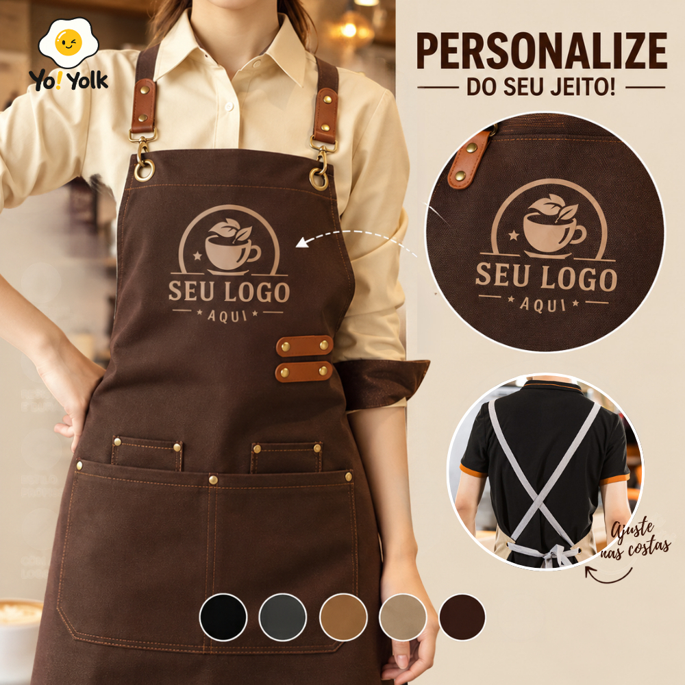 Avental Personalizada Unissex Cozinha Profissional Impermeável Dois Bolsos Frontal Ajustável | Modelo de Alça