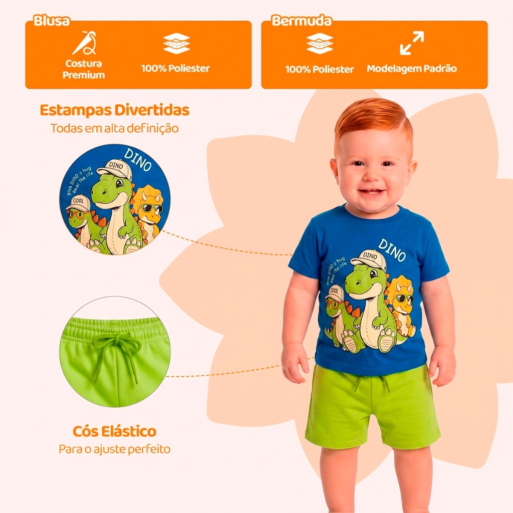 Conjunto Bebê Menino Curto Verão Dinos — imagem 2 de 2