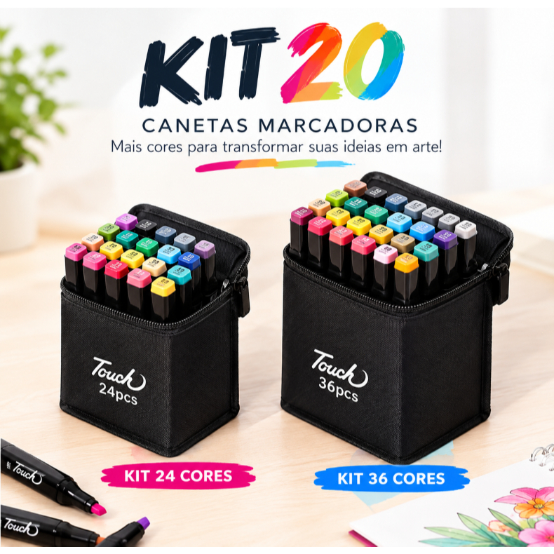 Kit 20 Estojos Canetas Touch 24/36 Cores Marcadores Dual Tip Profissional Ponta Dupla para Desenho