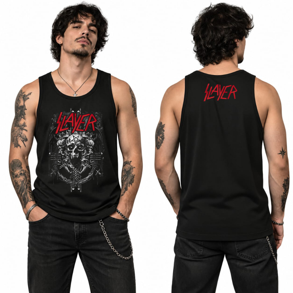 Regata Slayer Masculina Caveira Rock Metal Heavy Metal Banda de Rock Camiseta Regata Masculina Estampada Rockeiro