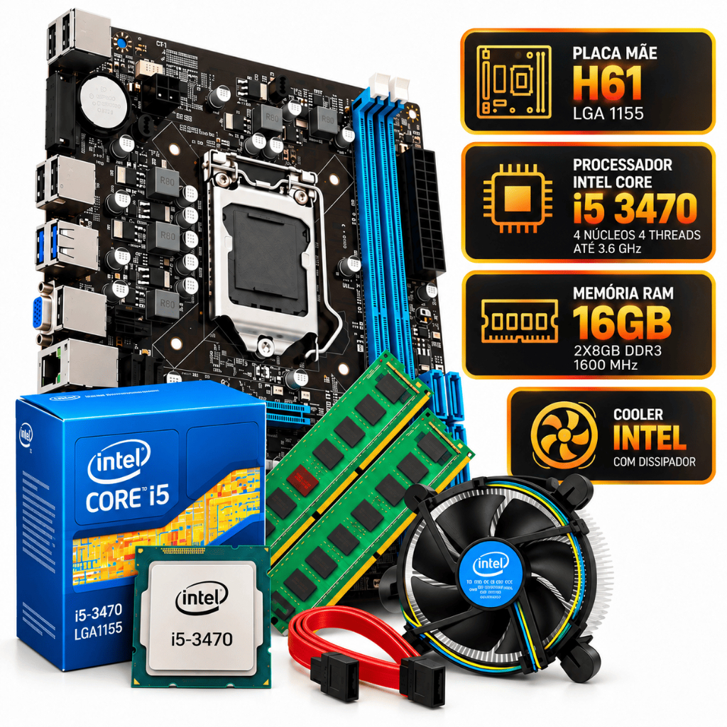Kit PC Gamer Intel I5 3470 Placa Mae H61 LGA 1155 16GB DDR3 1600MHz Video Integrado Completo