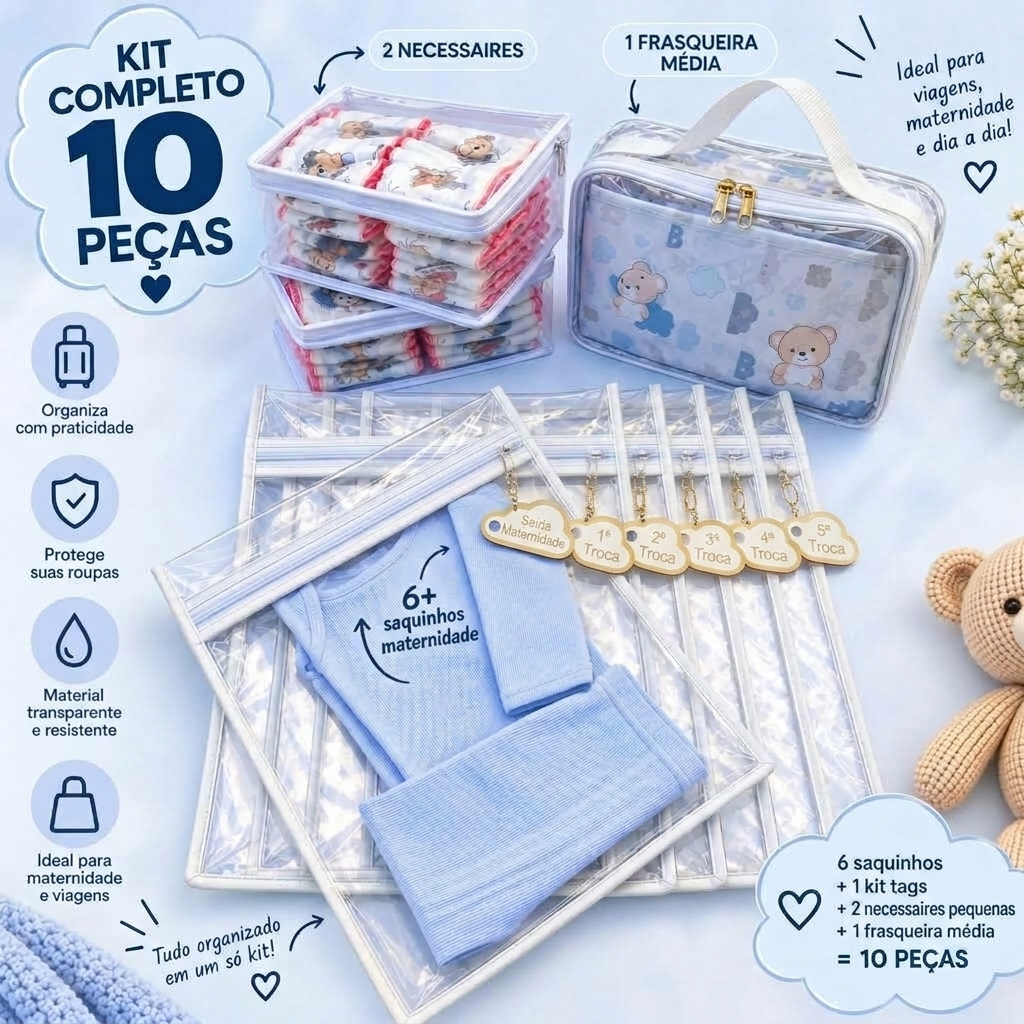 Kit 6 Saquinhos Organizadores bolsa Maternidade TAG de identificação + 3 Nécessaires Fraldas Remédio Higiene.