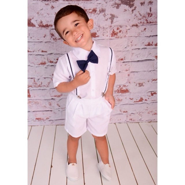 Conjunto Social Infantil Menino Bermuda Suspensório Gravata Camisa Cinto Branco Batizado Casamento Formatura Festa