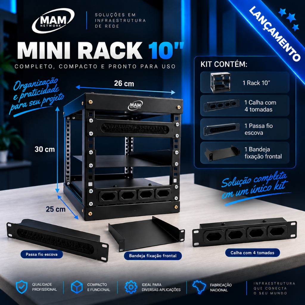 Mini Rack Gabinete 10 5u Compacto com Acessorios bandeja + passa fio + tomadeira para Ti Telecom home lab escritorio