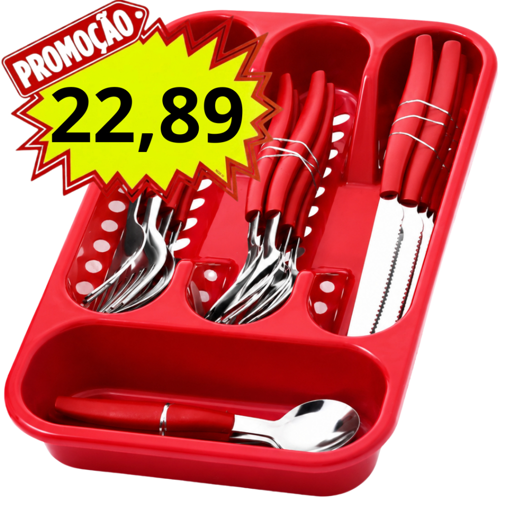 Faqueiro 25 Peças Aço Inox Jogo De Talheres Preto e Vermelho Suporte Para Gaveta